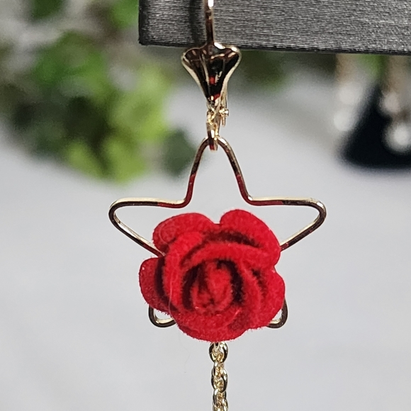 Gold with Velvet Red Rose Flower and Pearls Danglr Drop Earrings - Picture 4 of 9